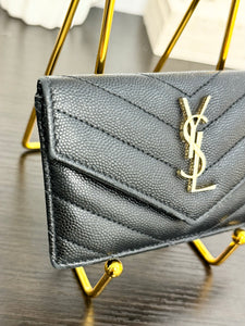 SAINT LAURENT YSL Monogram Ziptop Flap Grained Leather Card Case in Black