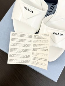 PRADA Brushed Leather Logo Mule Sandals in White - EU38.5