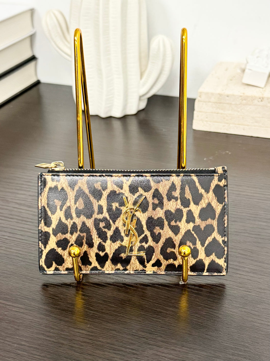 SAINT LAURENT Cassandre Zipped Fragments Credit Card Case in Leopard