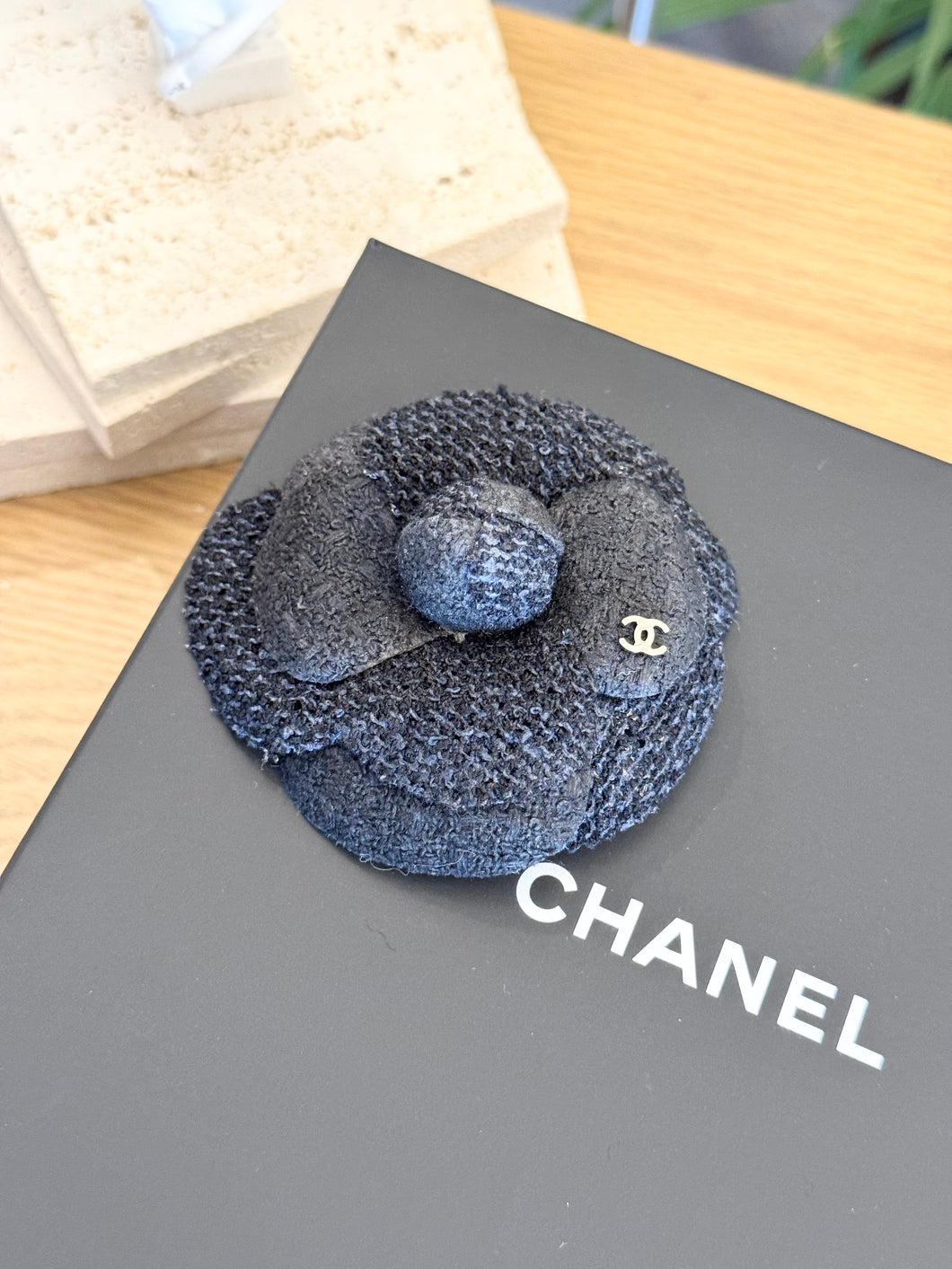 CHANEL Tweed Fabric Camellia Pin Brooch in Black