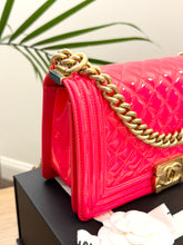 Load image into Gallery viewer, CHANEL Quilted Boy Patent Leather Old Medium Flap Bag in Neon Pink
