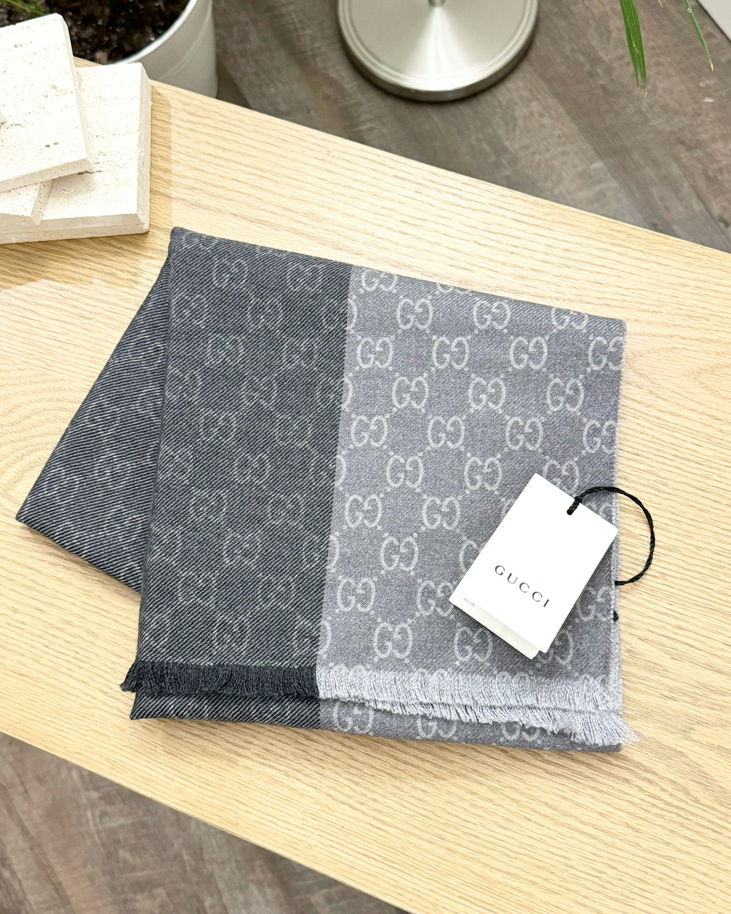 GUCCI Unisex Wool GG Monogram Jacquard Knit Scarf in Grey