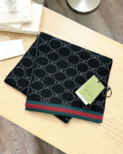 GUCCI 2024 Unisex Wool Tricot GG Monogram Web Solange Scarf in Black/Grey