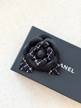 Load image into Gallery viewer, CHANEL Tweed Fabric Camellia Pin Brooch / Black / Pink
