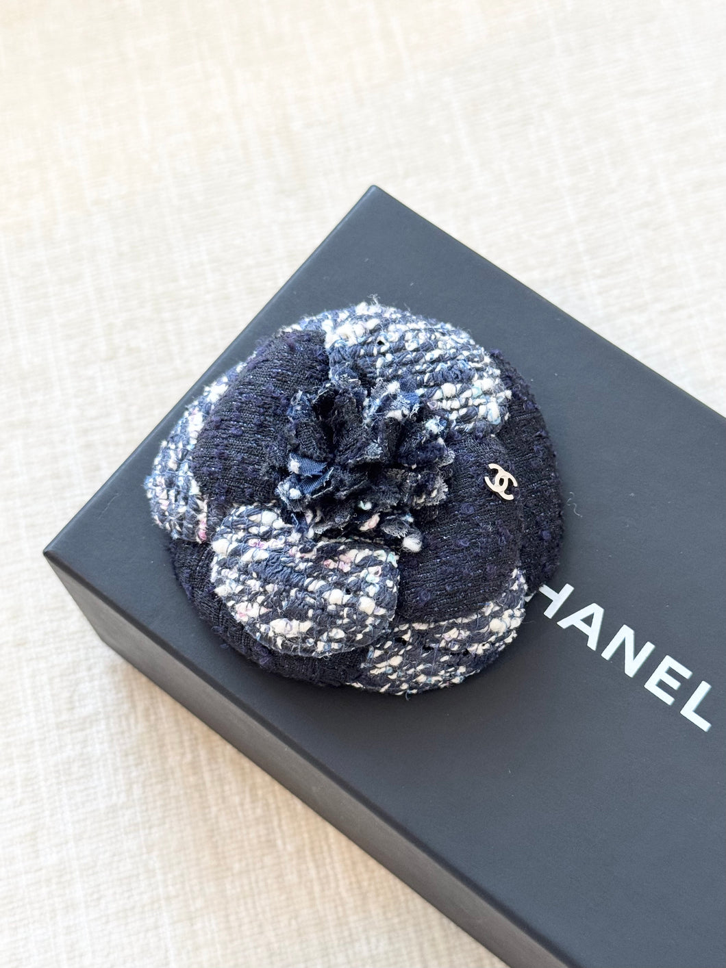 CHANEL Tweed Fabric Camellia Pin Brooch / Blue