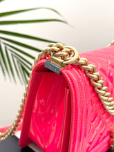 Load image into Gallery viewer, CHANEL Quilted Boy Patent Leather Old Medium Flap Bag in Neon Pink
