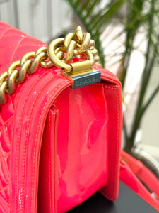 CHANEL Quilted Boy Patent Leather Old Medium Flap Bag in Neon Pink