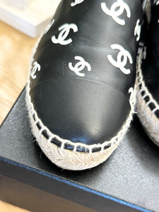 CHANEL 2023 Printed Crazy CC Logo Lambskin Espadrilles in Black/White - EU38