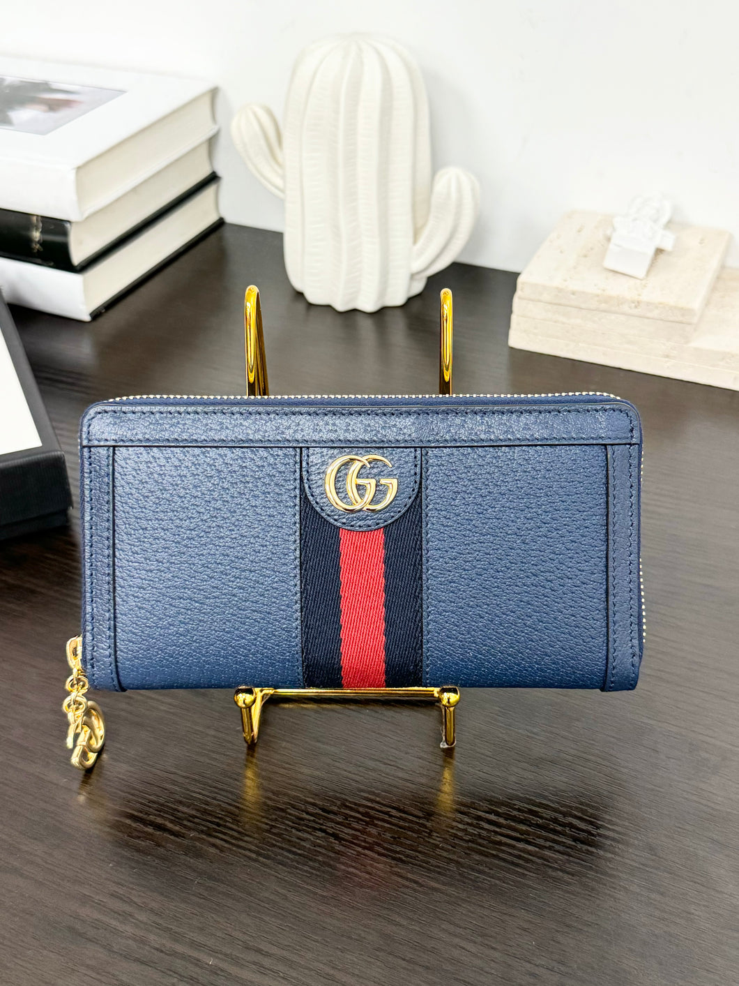 GUCCI Ophidia Calfskin Leather Zip Around Wallet in Blue Agata