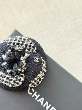 Load image into Gallery viewer, CHANEL Tweed Fabric Camellia Pin Brooch / Black / White
