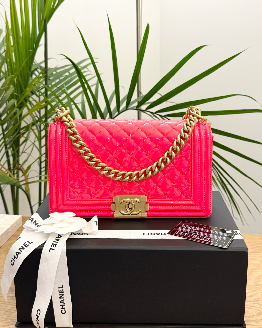 CHANEL Quilted Boy Patent Leather Old Medium Flap Bag in Neon Pink