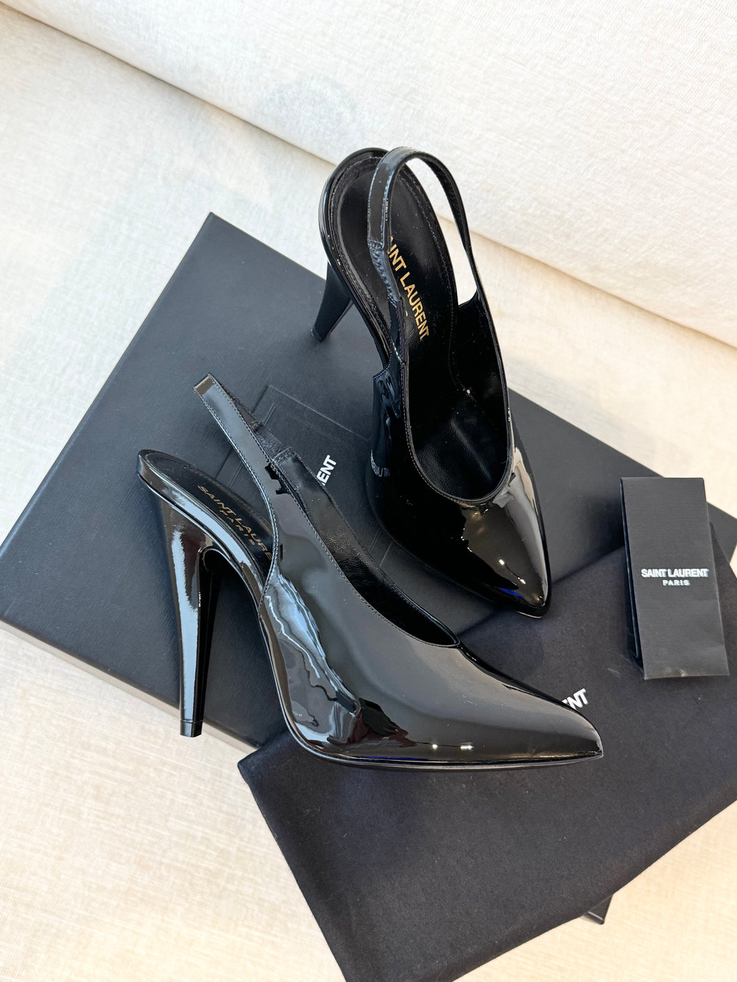 SAINT LAURENT Patent Leather Vernice Grupy 110 Slingback Pumps / Black / 37 EU
