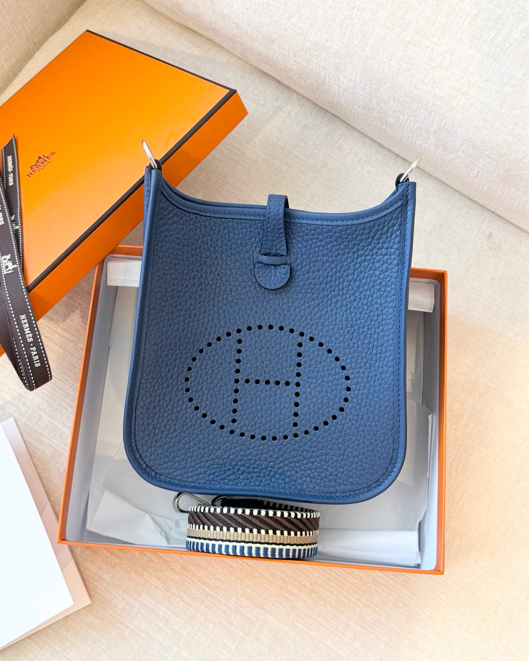 HERMES 2025 Evelyne TPM 16 Clemence Leather Amazone Bag / Bleu Tie / PHW