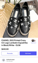 Load image into Gallery viewer, CHANEL 2023 Printed Crazy CC Logo Lambskin Espadrilles in Black/White - EU38
