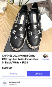 CHANEL 2023 Printed Crazy CC Logo Lambskin Espadrilles in Black/White - EU38