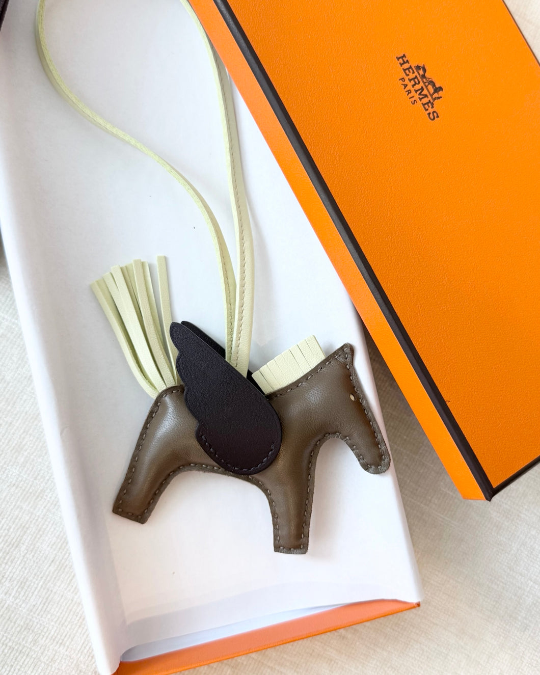 HERMES 2023 Rodeo Pegase PM Charm in Etoupe/Jaune Milton/Rouge Sellier