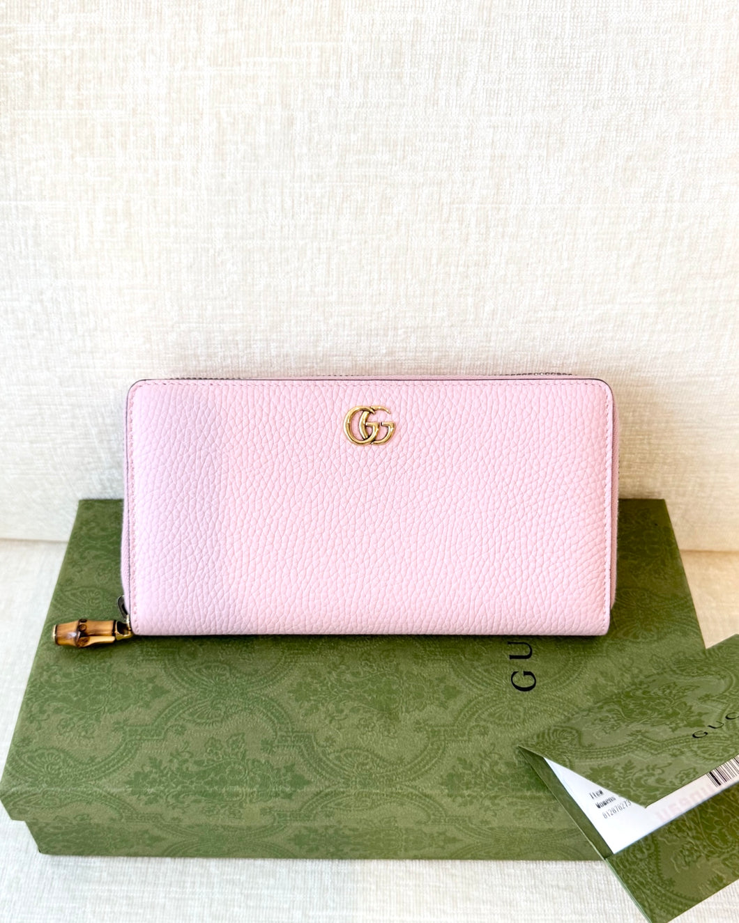 GUCCI Double G Zip Around Long Wallet with Bamboo / Pink