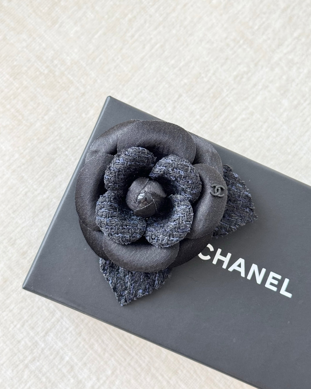 CHANEL Tweed Fabric Camellia Pin Brooch / Black