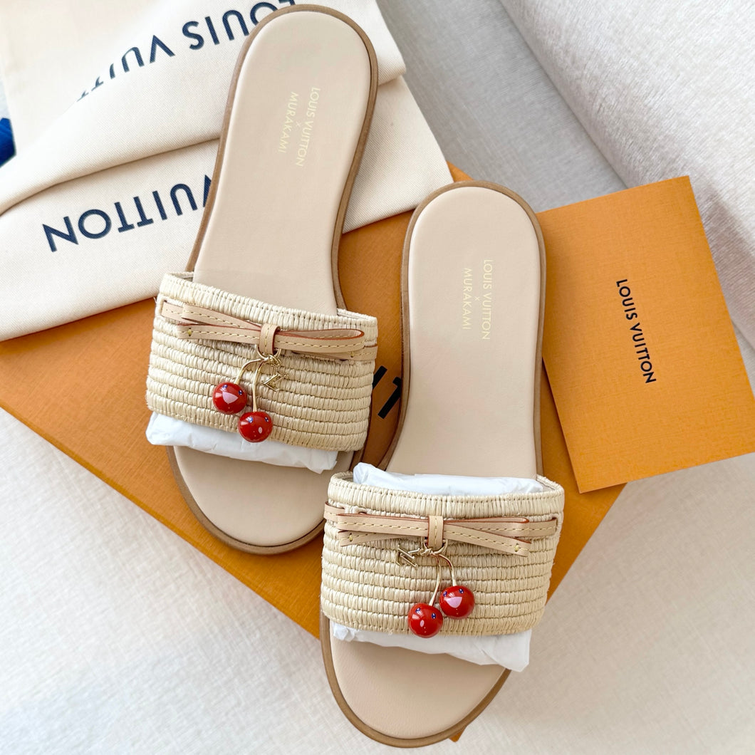 LOUIS VUITTON LV x TM Takashi Murakami Raffia Cherry Lily Flat Mule / EU38