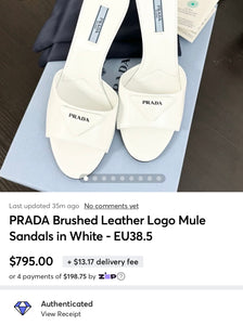 PRADA Brushed Leather Logo Mule Sandals in White - EU38.5