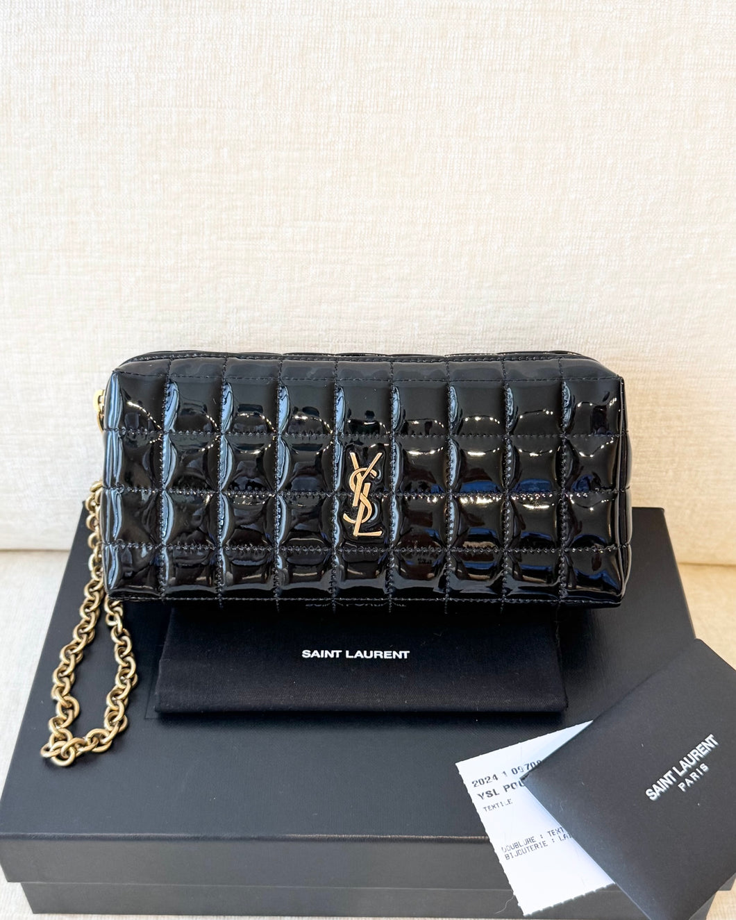 SAINT LAURENT 2024 Cassandre Matelassé Carré Pouch on Chain / Black