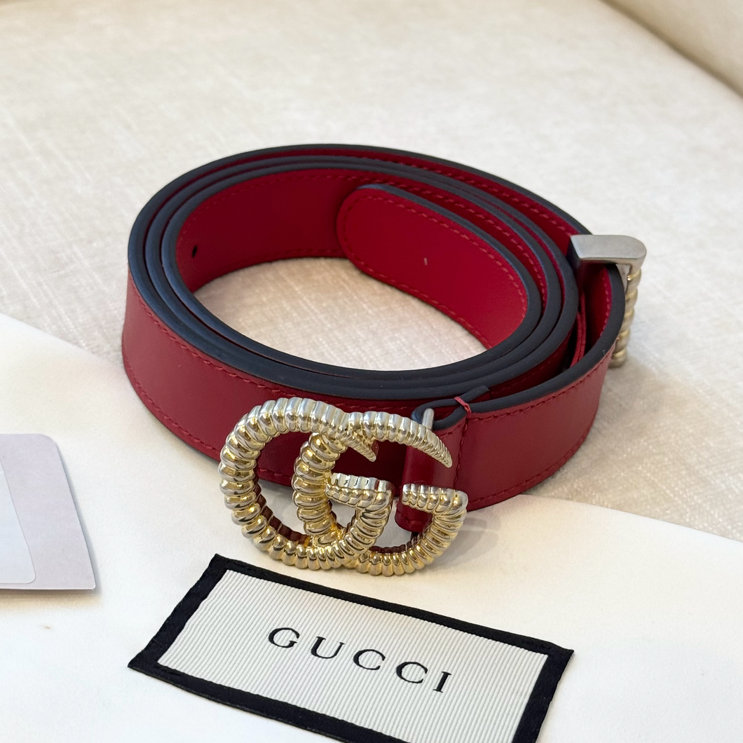 GUCCI Moon Calfskin Torchon Double G 25mm Belt - Hibiscus Red / 85