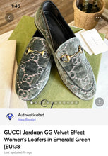 Load image into Gallery viewer, [SOLD] GUCCI Jordaan GG Velvet Effect Women’s Loafers in Emerald Green (EU)38
