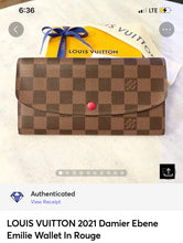 Load image into Gallery viewer, LOUIS VUITTON 2021 Damier Ebene Emilie Wallet In Rouge
