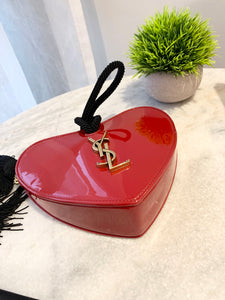 SAINT LAURENT Patent Leather Sac Coeur Heart Shape Clutch In Red