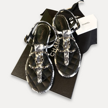 Load image into Gallery viewer, CHANEL CC Tweed Thong Sandals In Black/White (EU)37
