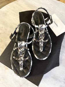 CHANEL CC Tweed Thong Sandals In Black/White (EU)37