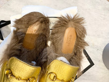 Load image into Gallery viewer, GUCCI Princetown Fur-lined Embroidered Metallic Leather Slippers In Metallic Gold EU39
