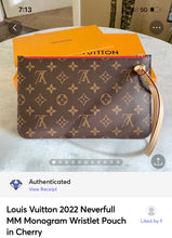 Load image into Gallery viewer, Louis Vuitton 2022 Neverfull MM Monogram Wristlet Pouch in Cherry
