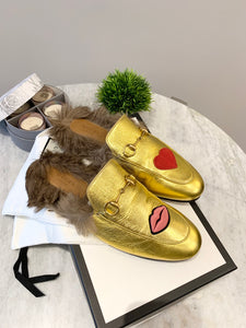 GUCCI Princetown Fur-lined Embroidered Metallic Leather Slippers In Metallic Gold EU39