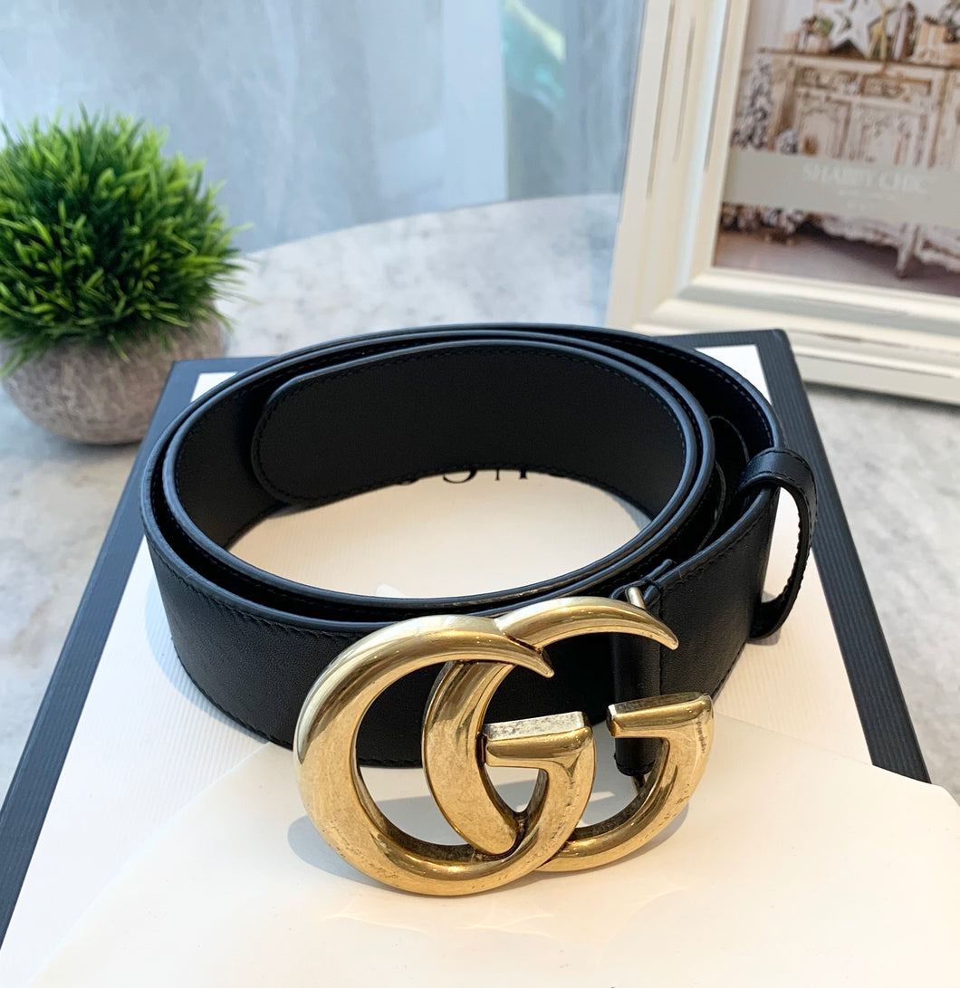 GUCCI Double G Buckle Wide Leather Belt In Black 80/32