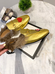 GUCCI Princetown Fur-lined Embroidered Metallic Leather Slippers In Metallic Gold EU39