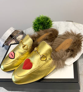 GUCCI Princetown Fur-lined Embroidered Metallic Leather Slippers In Metallic Gold EU39