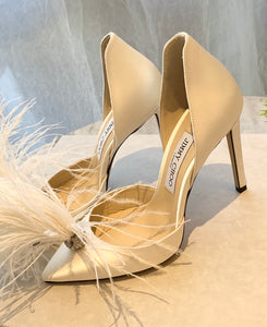 JIMMY CHOO Liz 100 Ivory Satin Pointy Toe Pumps With Crystals And Fascinator Feathers In White EU38