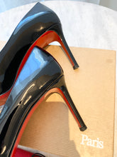 Load image into Gallery viewer, CHRISTIAN LOUBOUTIN Patent Calf No Matter 85 Peep Toe Pumps In Black EU39
