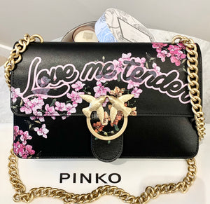 PINKO Love Me Tender Flowers Black Eco Leather Shoulder Bag In Black