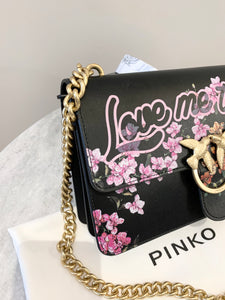 PINKO Love Me Tender Flowers Black Eco Leather Shoulder Bag In Black