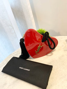 SAINT LAURENT Patent Leather Sac Coeur Heart Shape Clutch In Red