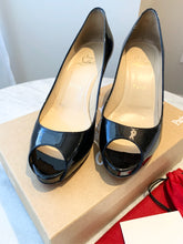 Load image into Gallery viewer, CHRISTIAN LOUBOUTIN Patent Calf No Matter 85 Peep Toe Pumps In Black EU39
