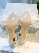 Load image into Gallery viewer, JIMMY CHOO Liz 100 Ivory Satin Pointy Toe Pumps With Crystals And Fascinator Feathers In White EU38
