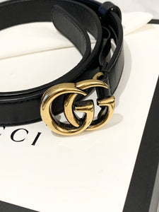 GUCCI Double G Buckle Skinny Leather Belt In Black 70/28