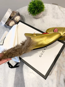 GUCCI Princetown Fur-lined Embroidered Metallic Leather Slippers In Metallic Gold EU39