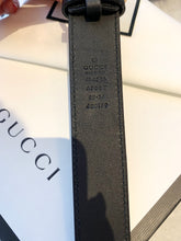 Load image into Gallery viewer, GUCCI Unisex GG Gold Buckle 1” Width Leather Belt In Black 85/34
