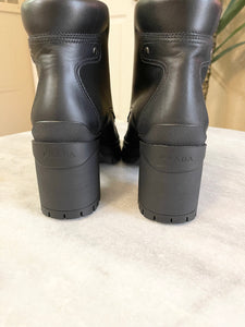 PRADA 55mm Block-Heel Combat Leather Ankle Booties in Black (EU) 38