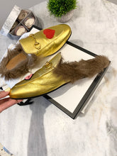 Load image into Gallery viewer, GUCCI Princetown Fur-lined Embroidered Metallic Leather Slippers In Metallic Gold EU39
