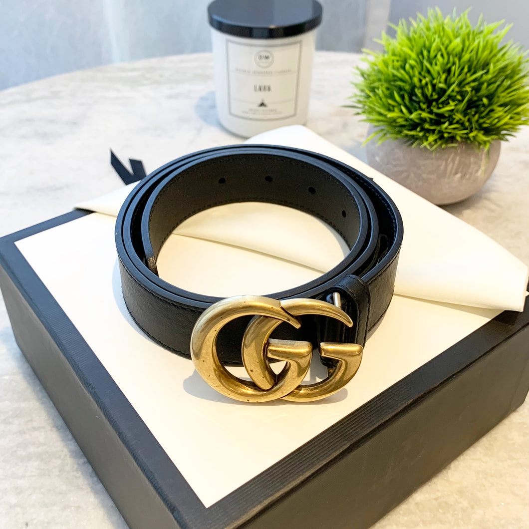 GUCCI Unisex GG Gold Buckle 1” Width Leather Belt In Black 85/34